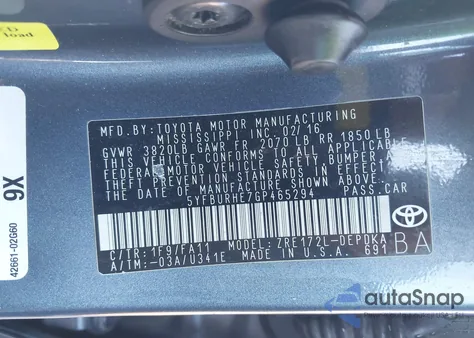 2016 Toyota Corolla L z USA, uszkodzony, nr VIN 5YFBURHE7GP465294